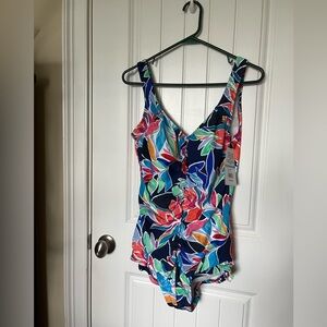 Maxine of Hollywood Blue and Red One Piece Swimsuit V-Neck Tropical